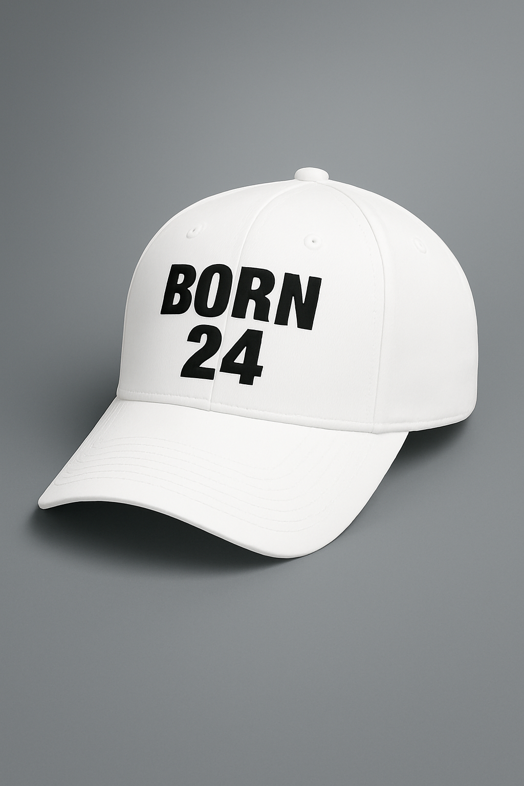 White cap with 'BORN 24' text on a gray background