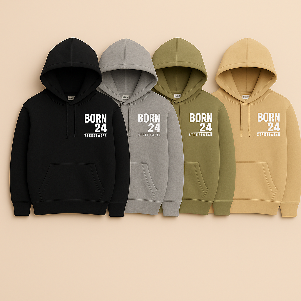 Four Born24 Streetwear hoodies in black, grey, khaki, and sand, each featuring bold “Born24 Streetwear” logos. Purpose-driven fashion inspired by NICU survival, combining comfort, style, and a mission to give back.