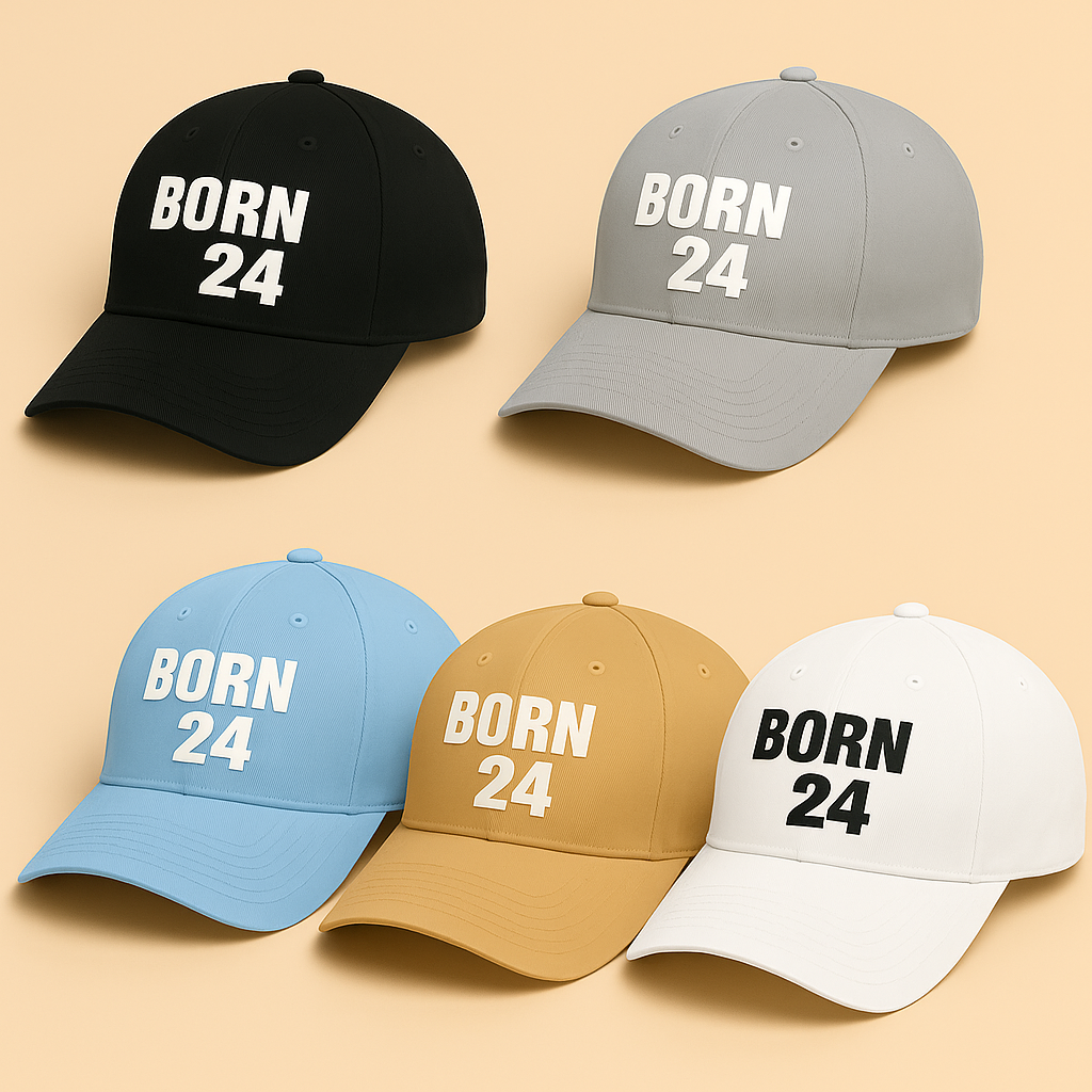Born24 Streetwear caps collection featuring six embroidered baseball caps in black, grey, khaki, light blue, tan, and white, displayed on a neutral background to highlight minimalist streetwear style