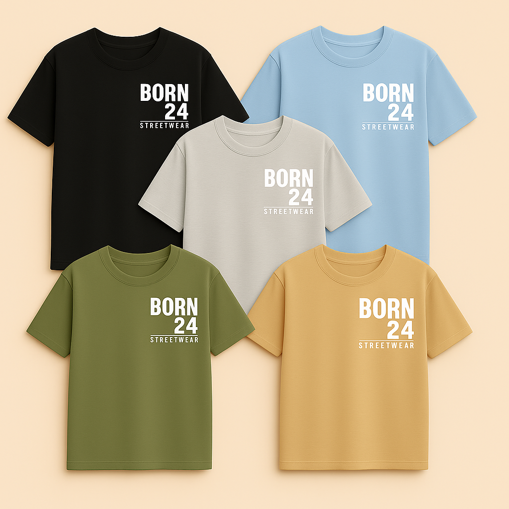 Born24 Streetwear t-shirt collection showcasing five short-sleeve tees in black, grey, light blue, khaki, and tan, neatly arranged on a beige backdrop representing clean, purpose-driven fashion