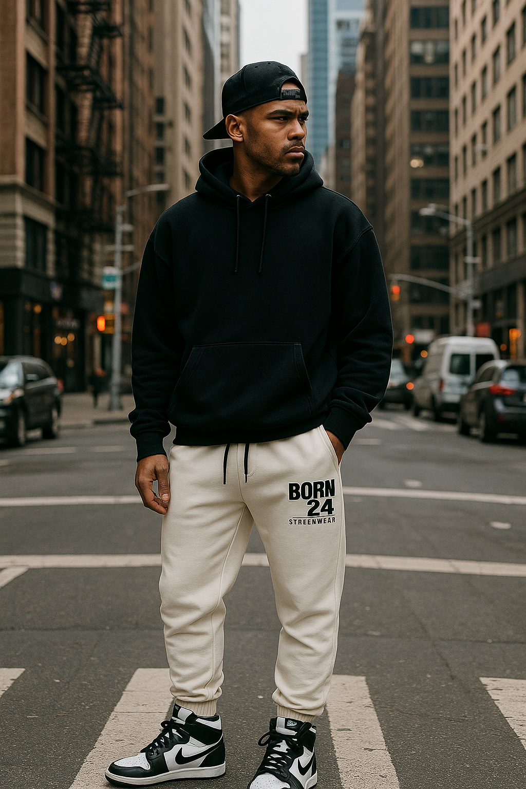 Man wearing a black hoodie, white jogger pants with 'Born 24' text, and black and white sneakers on a city street.