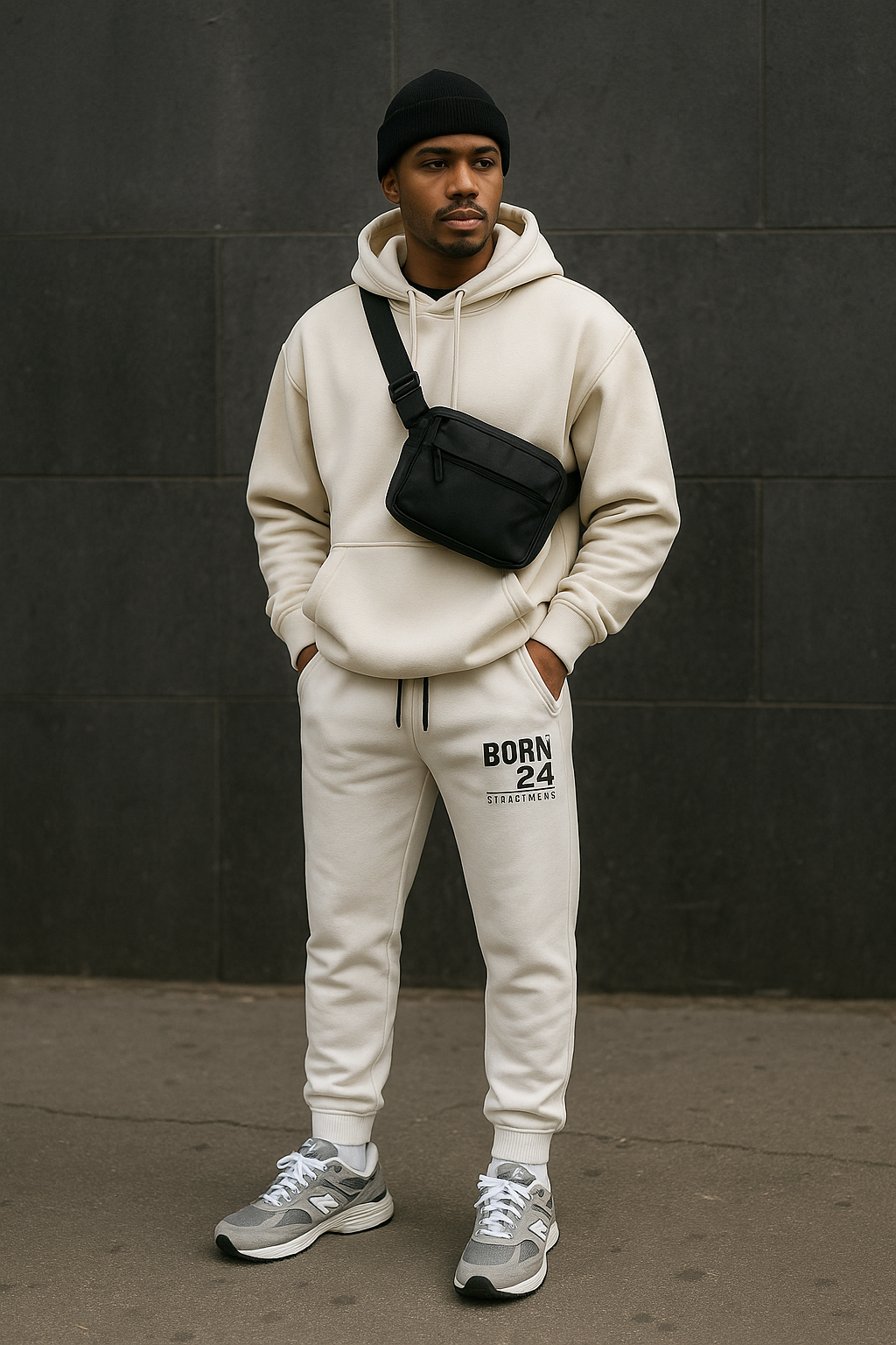 Man wearing a beige hoodie and white jogger pants with 'Born 24' branding, standing against a black wall.