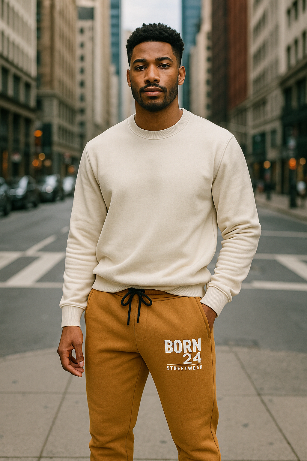 Man wearing a white sweater and brown pants with 'Born 24' branding on a city street.