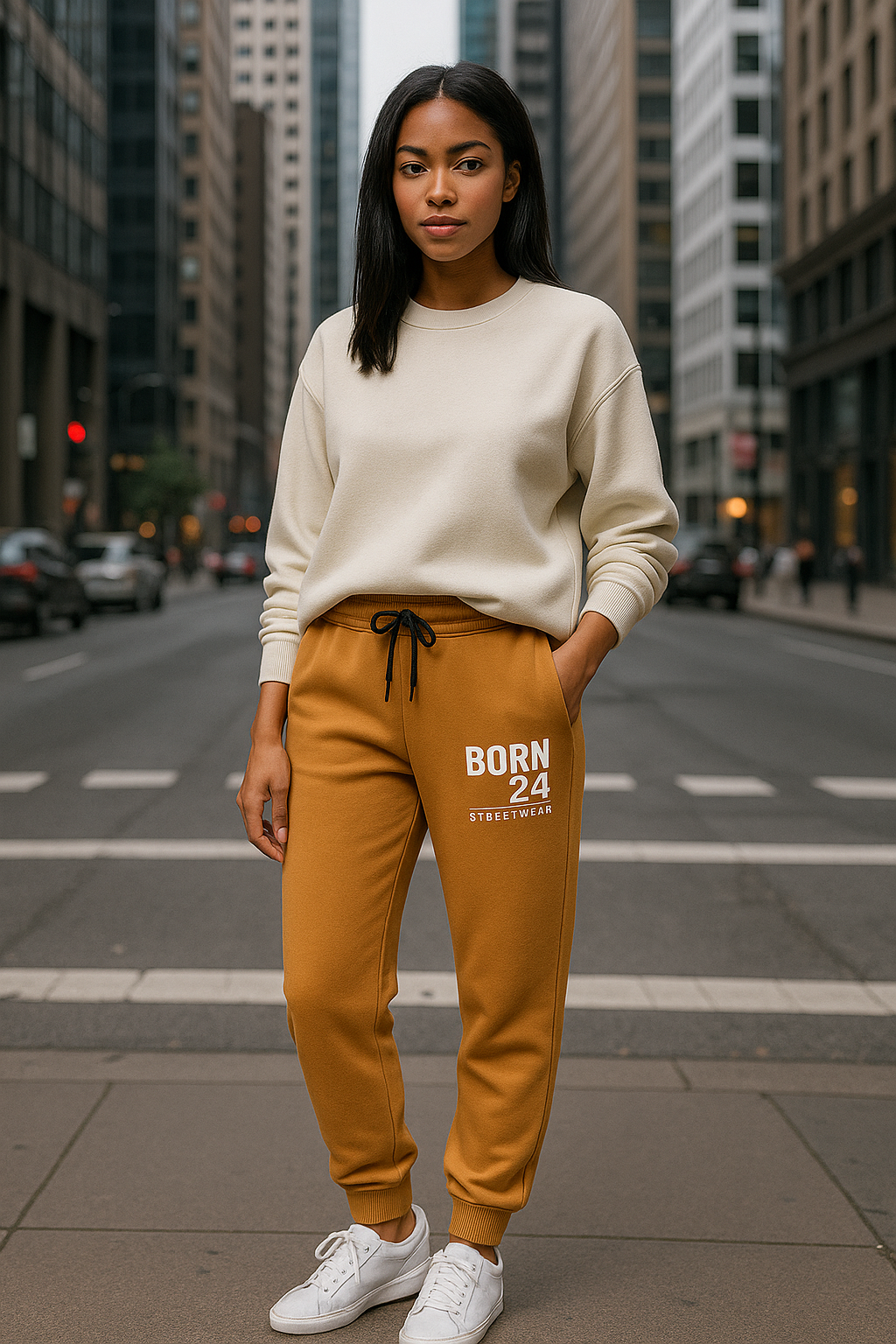 Person wearing a beige sweater and mustard yellow jogger pants with 'Born 24' text on a city street.
