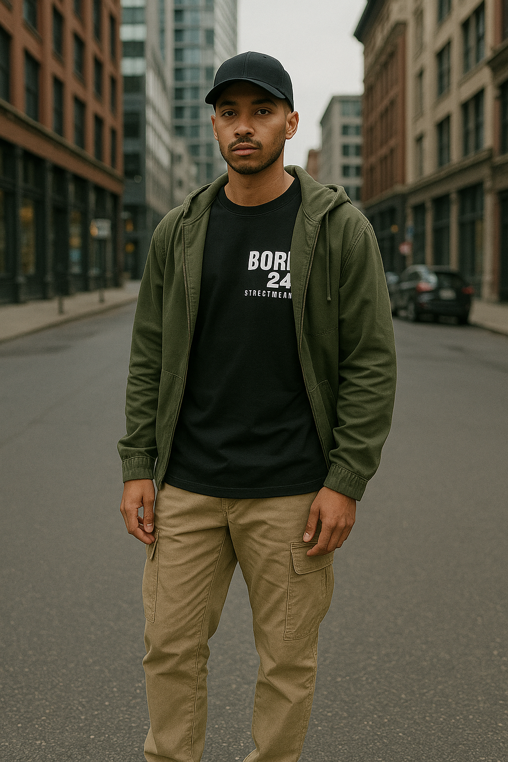 Man wearing a green jacket, black t-shirt with text, and beige pants standing on a city street.