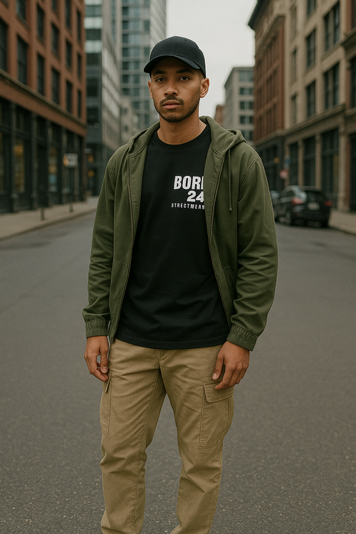 Man wearing a green jacket, black t-shirt with text, and beige pants standing on a city street.