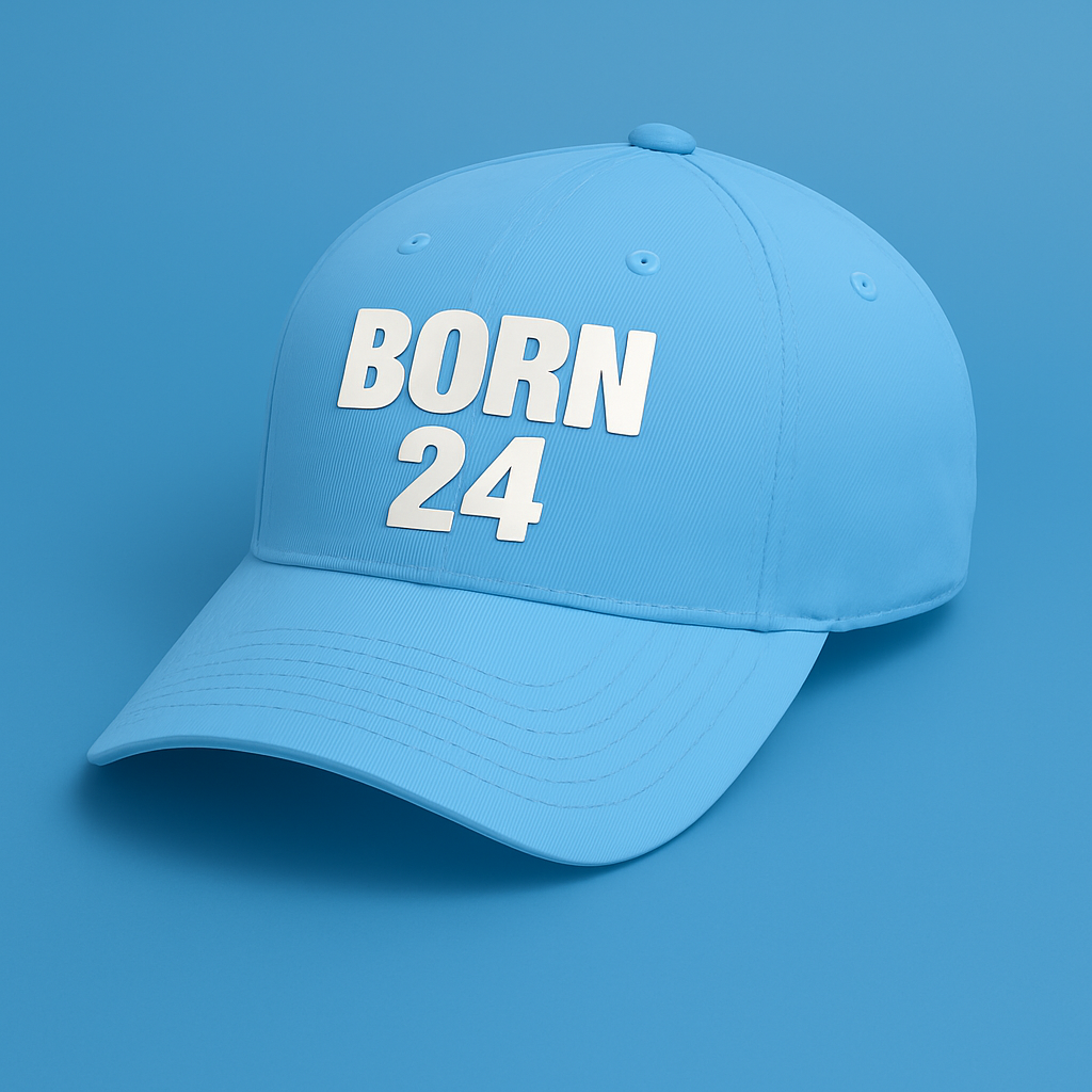 Blue cap with 'BORN 24' text on a blue background