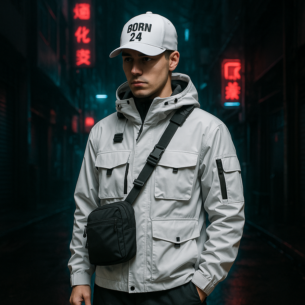 Man wearing a light gray jacket and cap with 'BORN 24' text, standing in a dark urban setting with neon lights.
