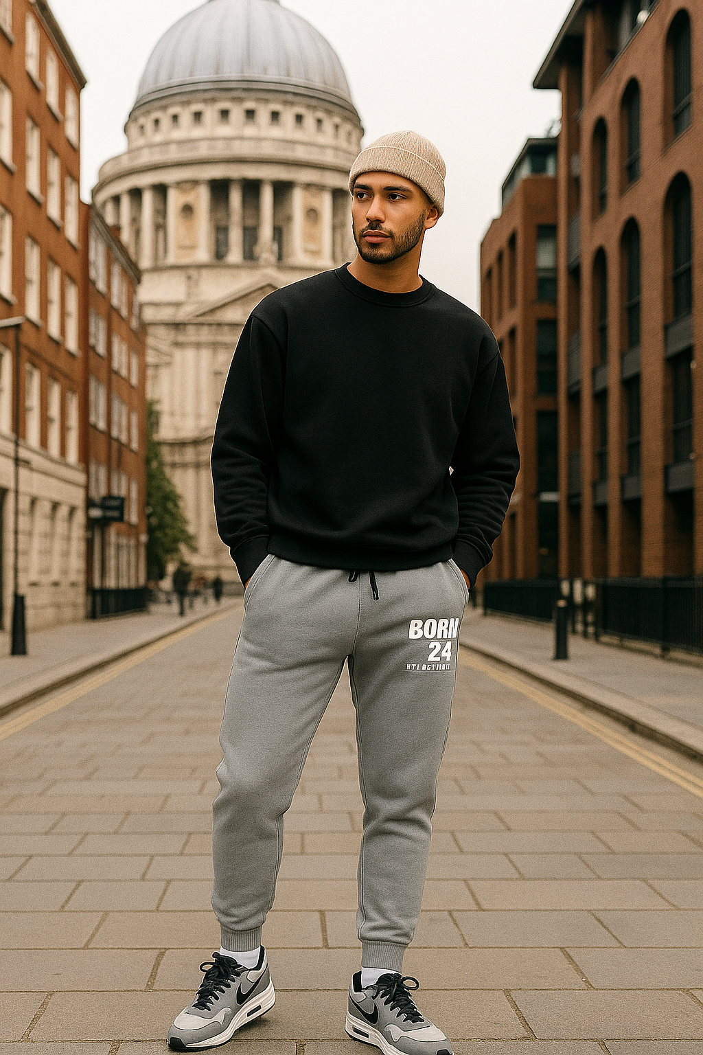 Man wearing a black sweatshirt, gray jogger pants, and a beige beanie standing on a city street.