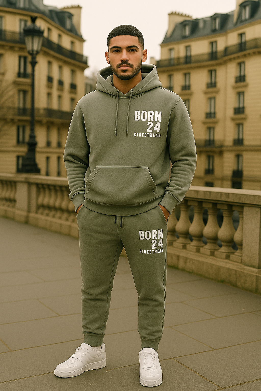 Man wearing a green 'Born 24' streetwear hoodie and jogger set standing on a city street.