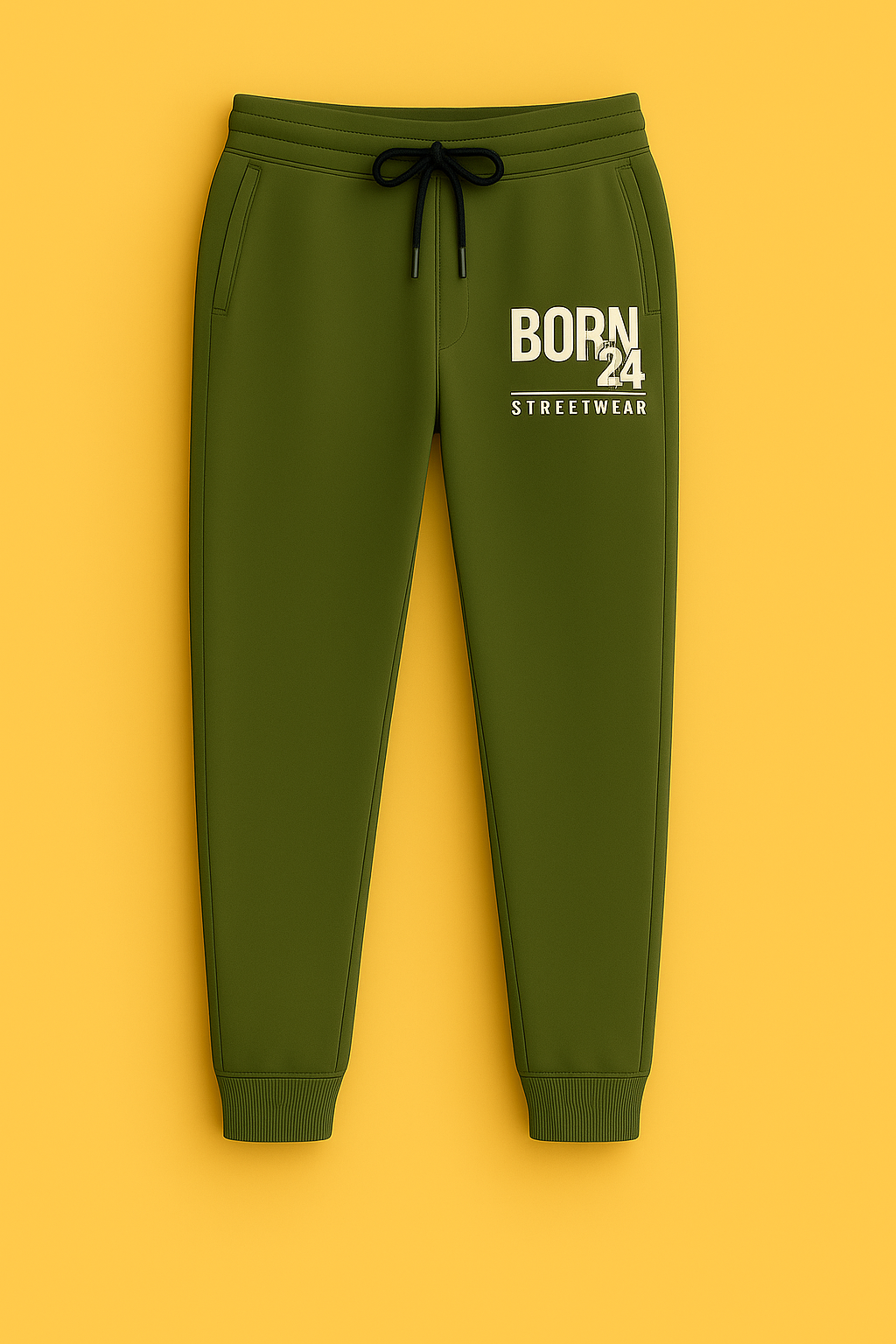 Green sweatpants with 'BORN24 STREETWEAR' text on a yellow background