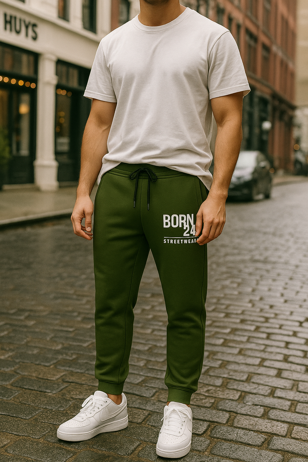 Person wearing a white t-shirt, green jogger pants with 'Born2Streetwear' text, and white sneakers on a city street.
