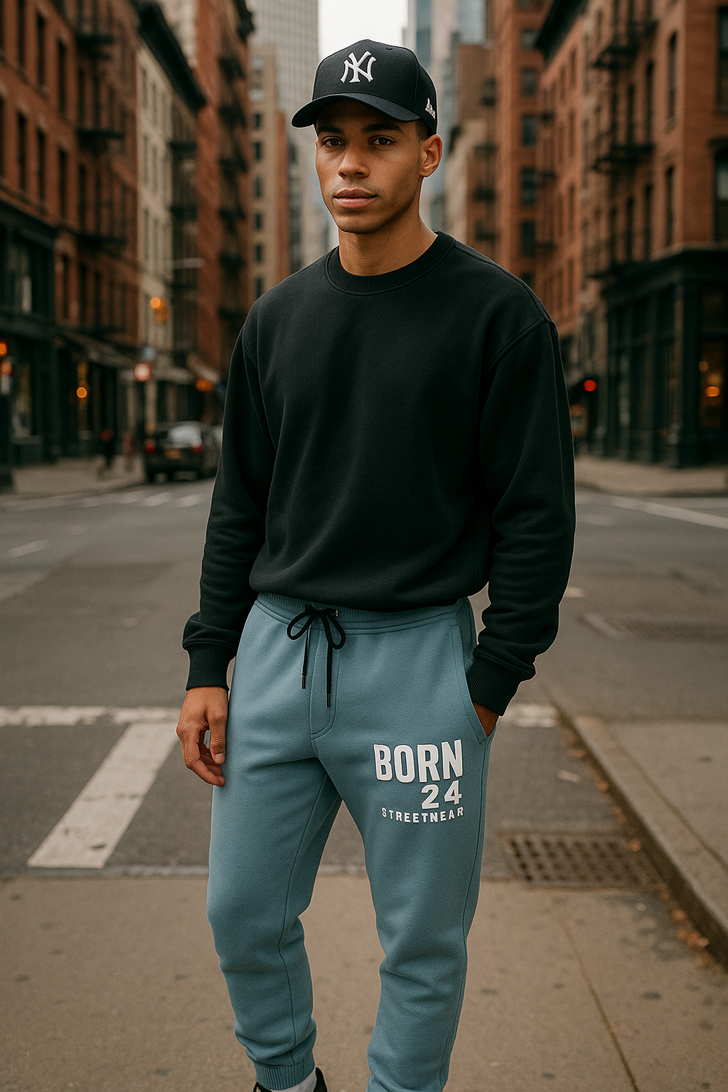 Person wearing a black sweatshirt and blue jogger pants with 'Born 24' text on a city street.