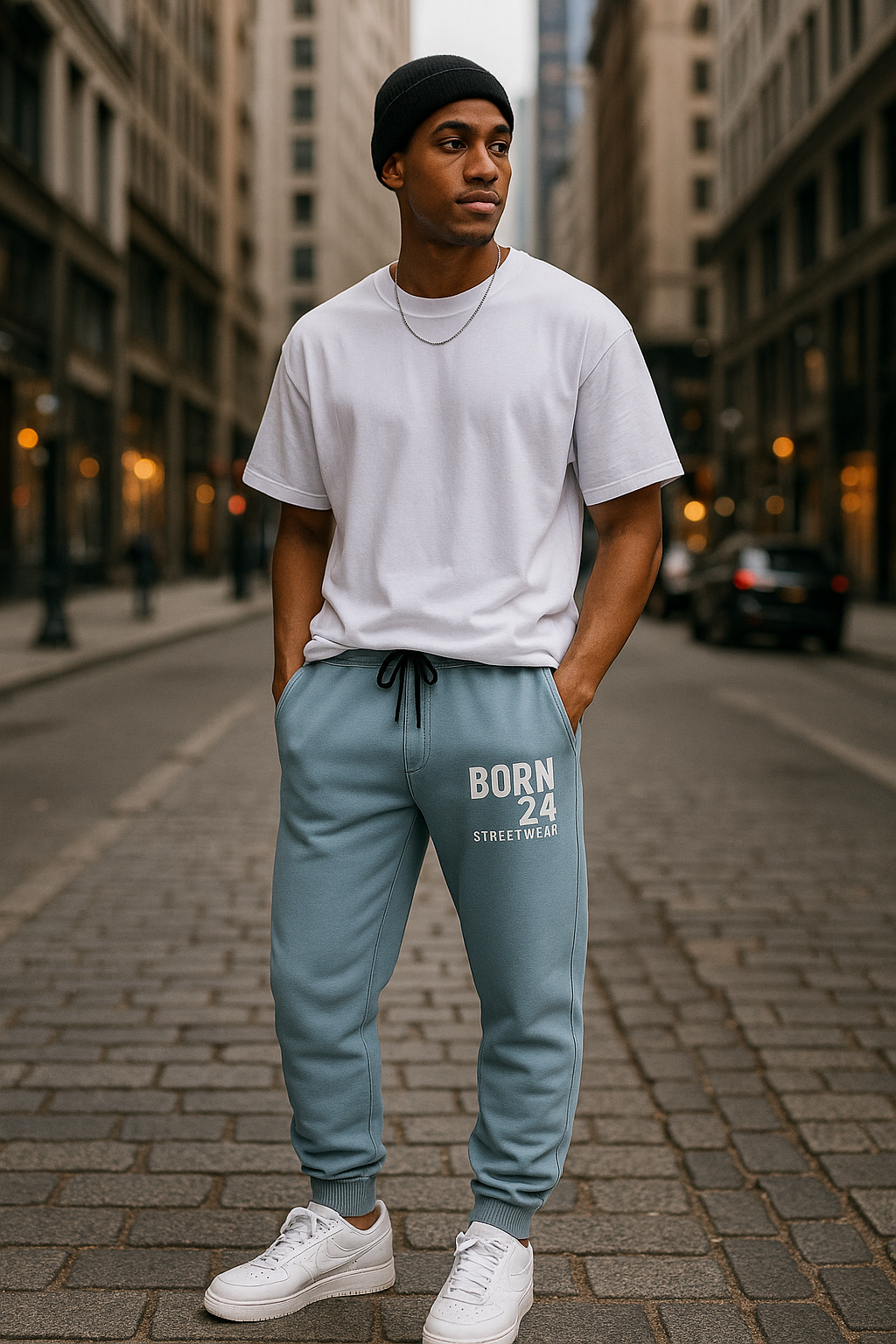 Man wearing a white t-shirt and light blue jogger pants with 'Born 24' text on a city street.