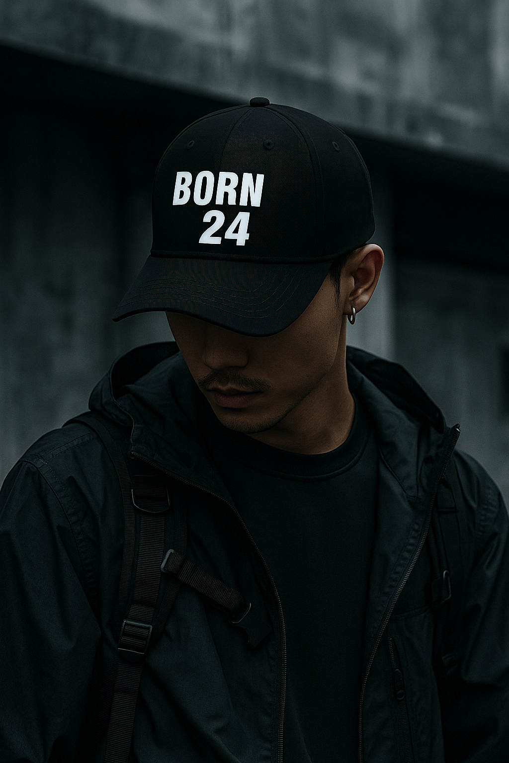 Person wearing a black cap with 'BORN 24' text against a dark background