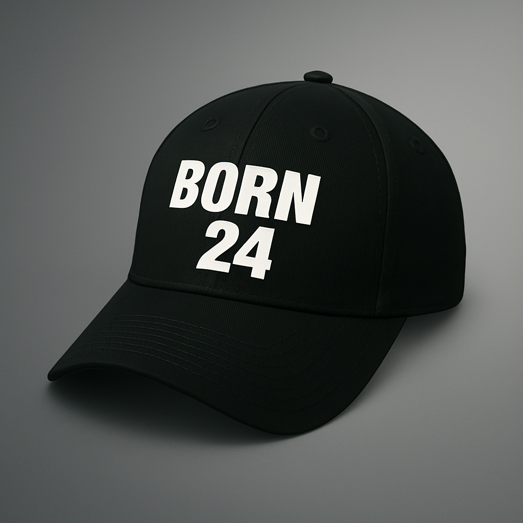 Black cap with 'BORN 24' text on a gray background
