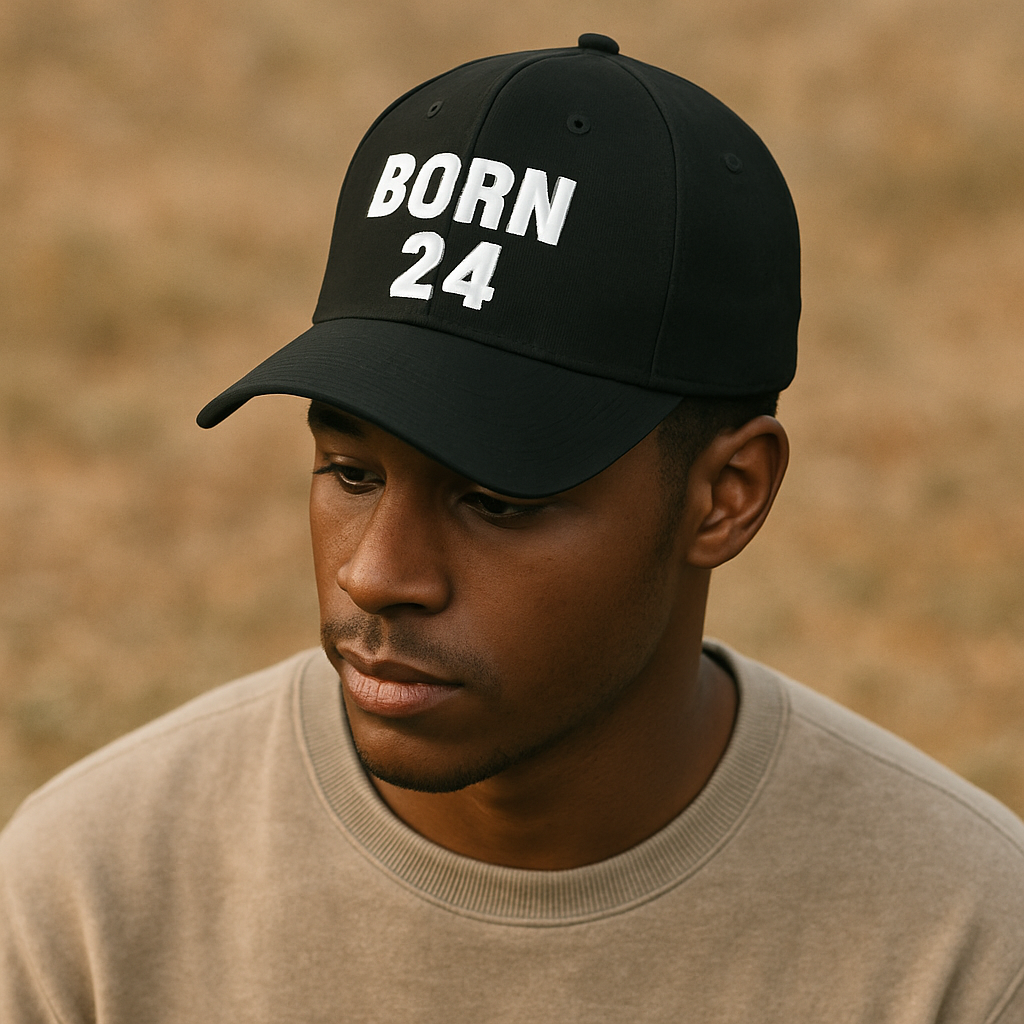 Man wearing a black cap with 'BORN 24' text against a blurred background