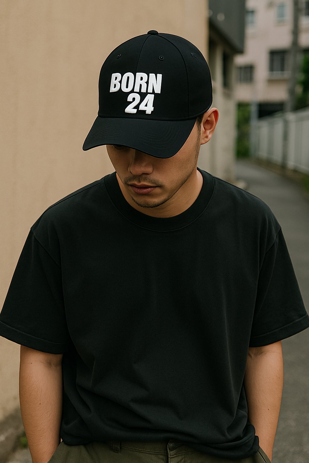 Person wearing a black cap with 'BORN 24' text, standing outdoors.