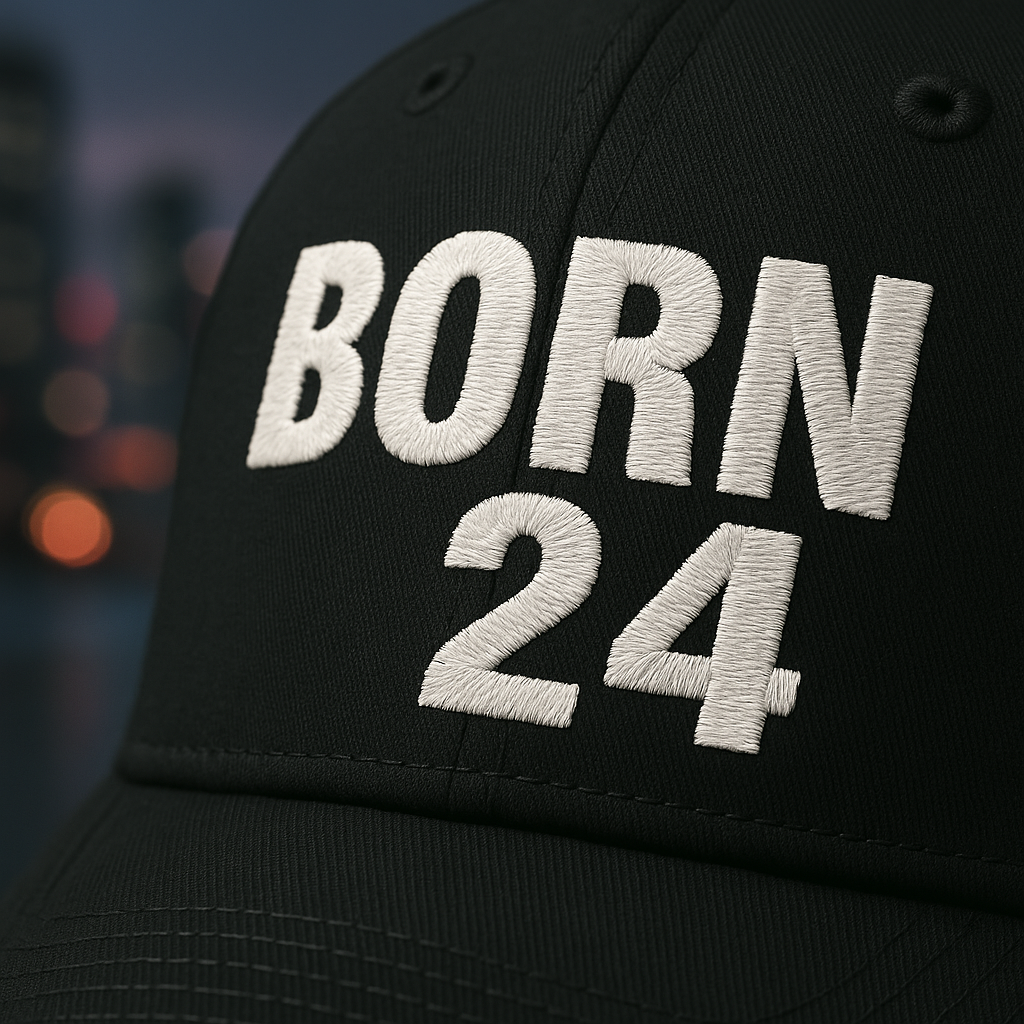 Black cap with 'BORN 24' embroidered in white on a blurred background