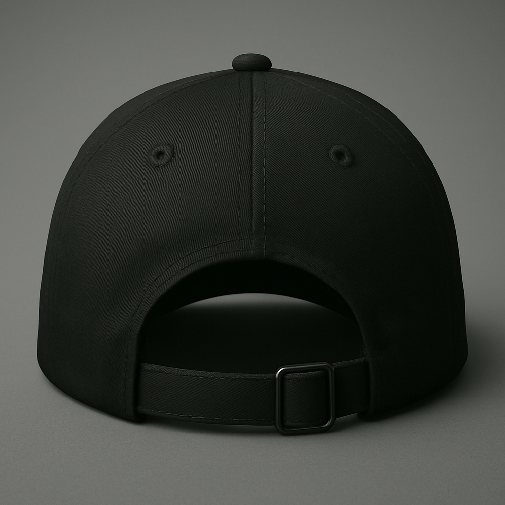 Black cap with a strap on a gray background