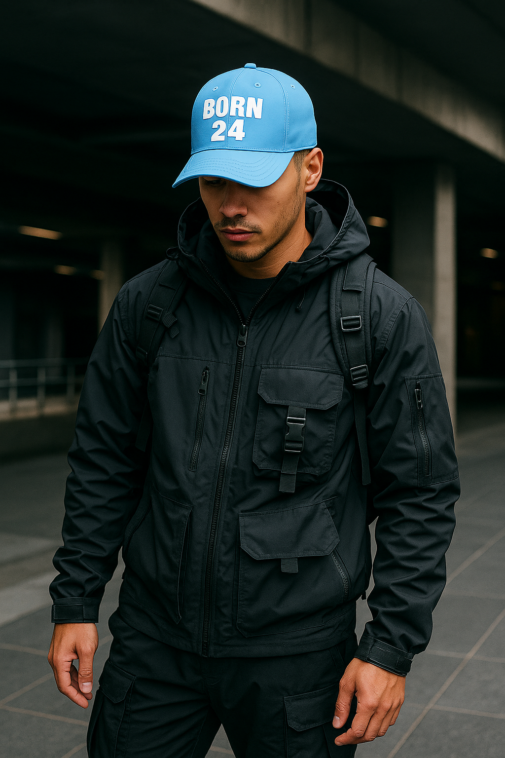 Person wearing a black jacket and blue cap with 'BORN 24' text, standing in an urban setting.