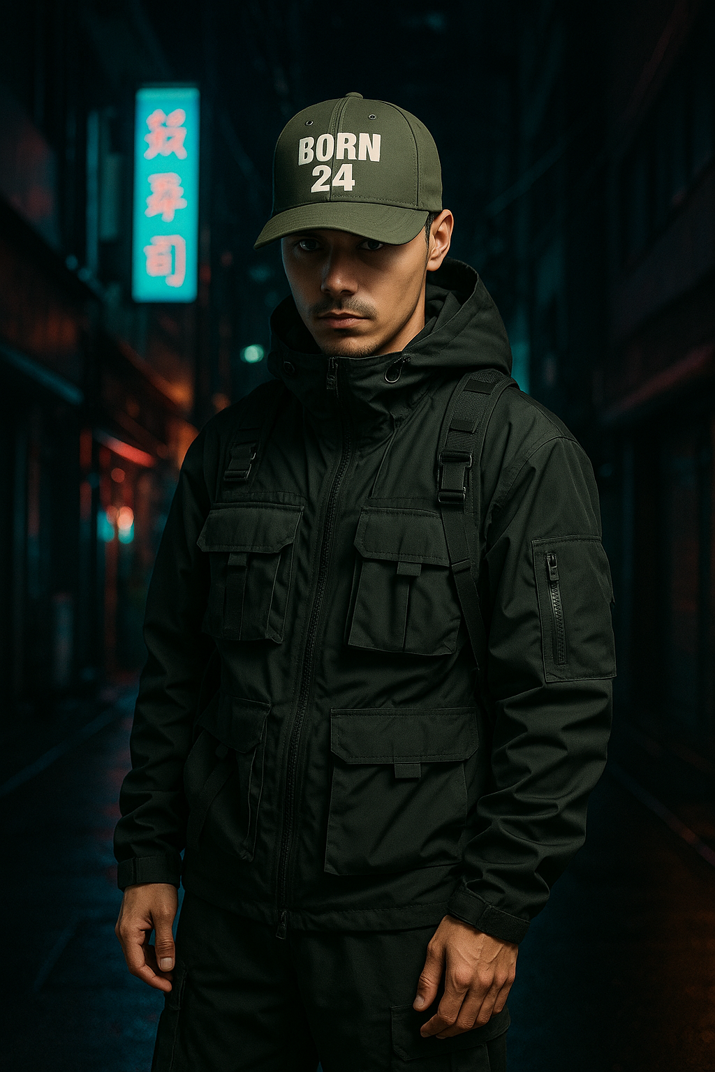 Person wearing a black jacket and cap with 'BORN 24' text in a neon-lit alley.