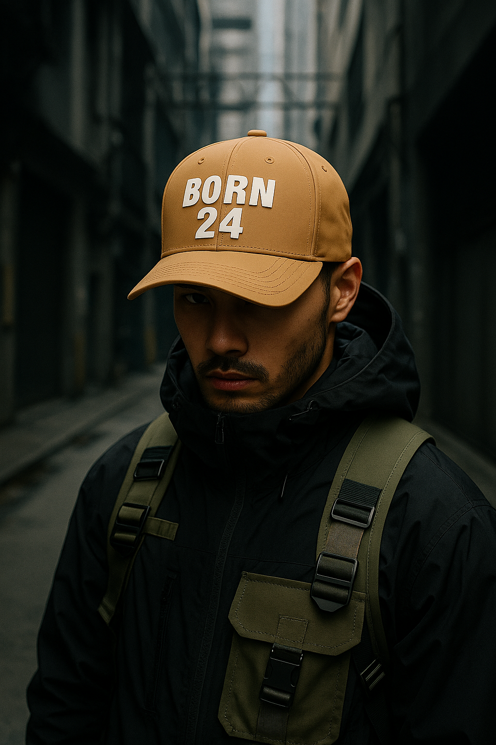 Man wearing a tan cap with 'BORN 24' text in an urban setting