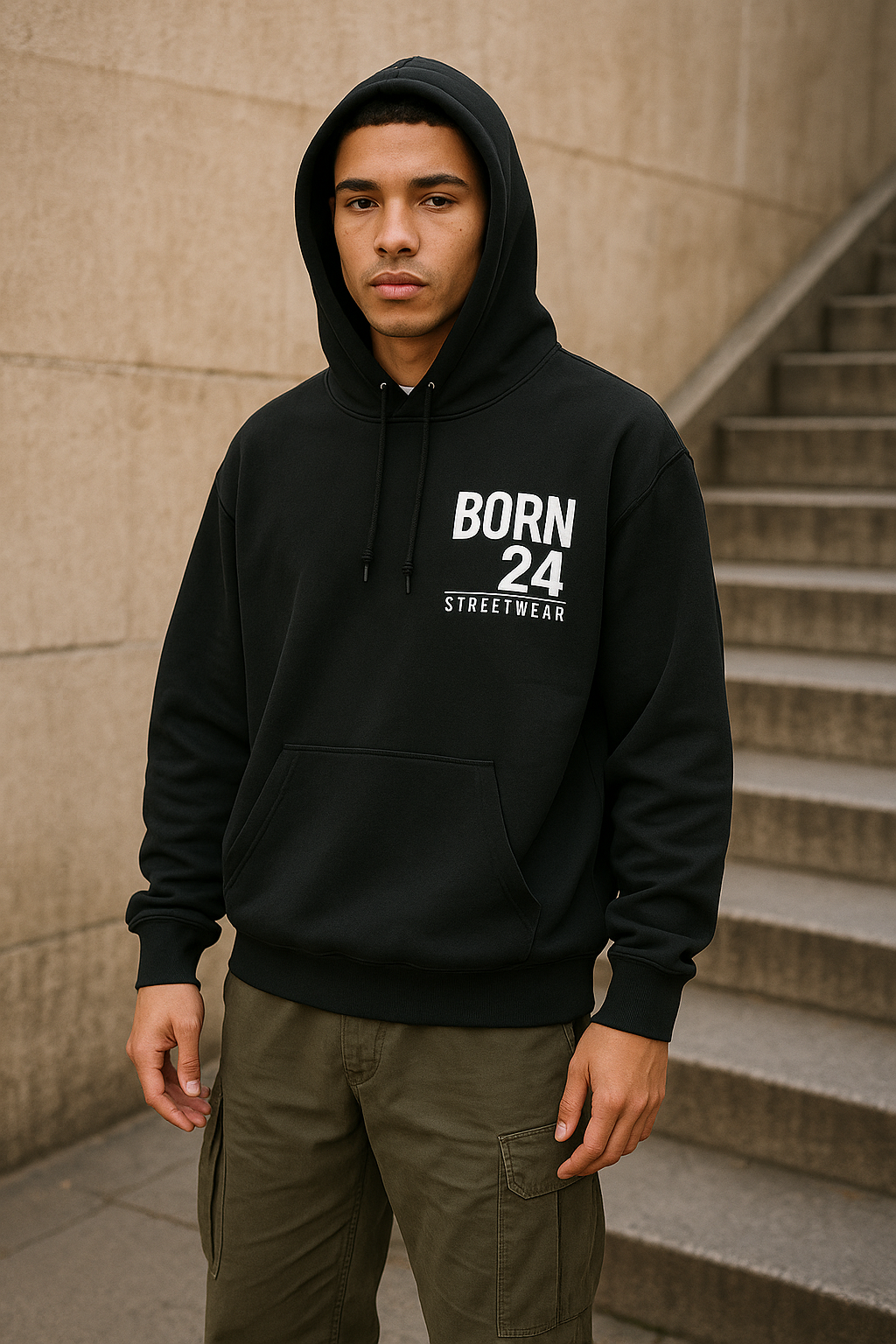Person wearing a black hoodie with 'BORN 24 STREETWEAR' text, standing on steps.