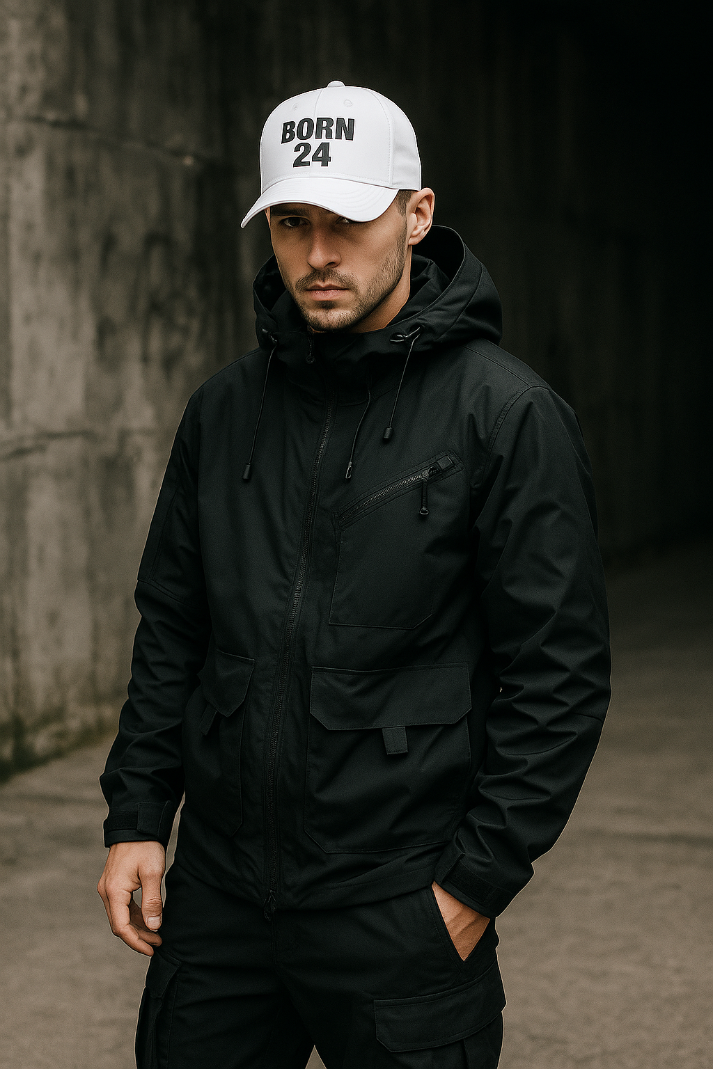 Man wearing a black jacket and white cap with 'BORN 24' text, standing against a dark wall.