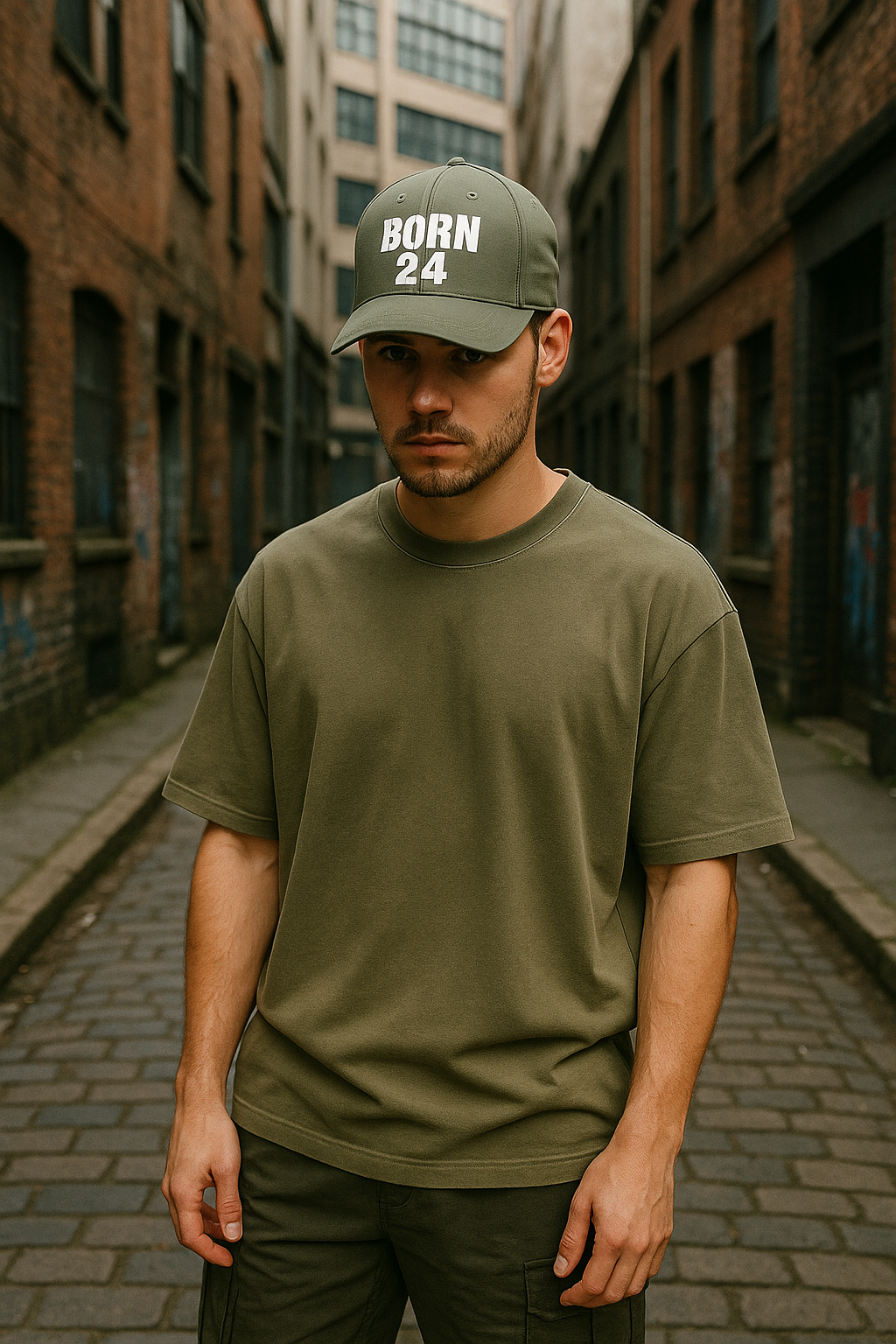 Man wearing a green cap with 'BORN 24' and a matching green t-shirt in an urban alley.