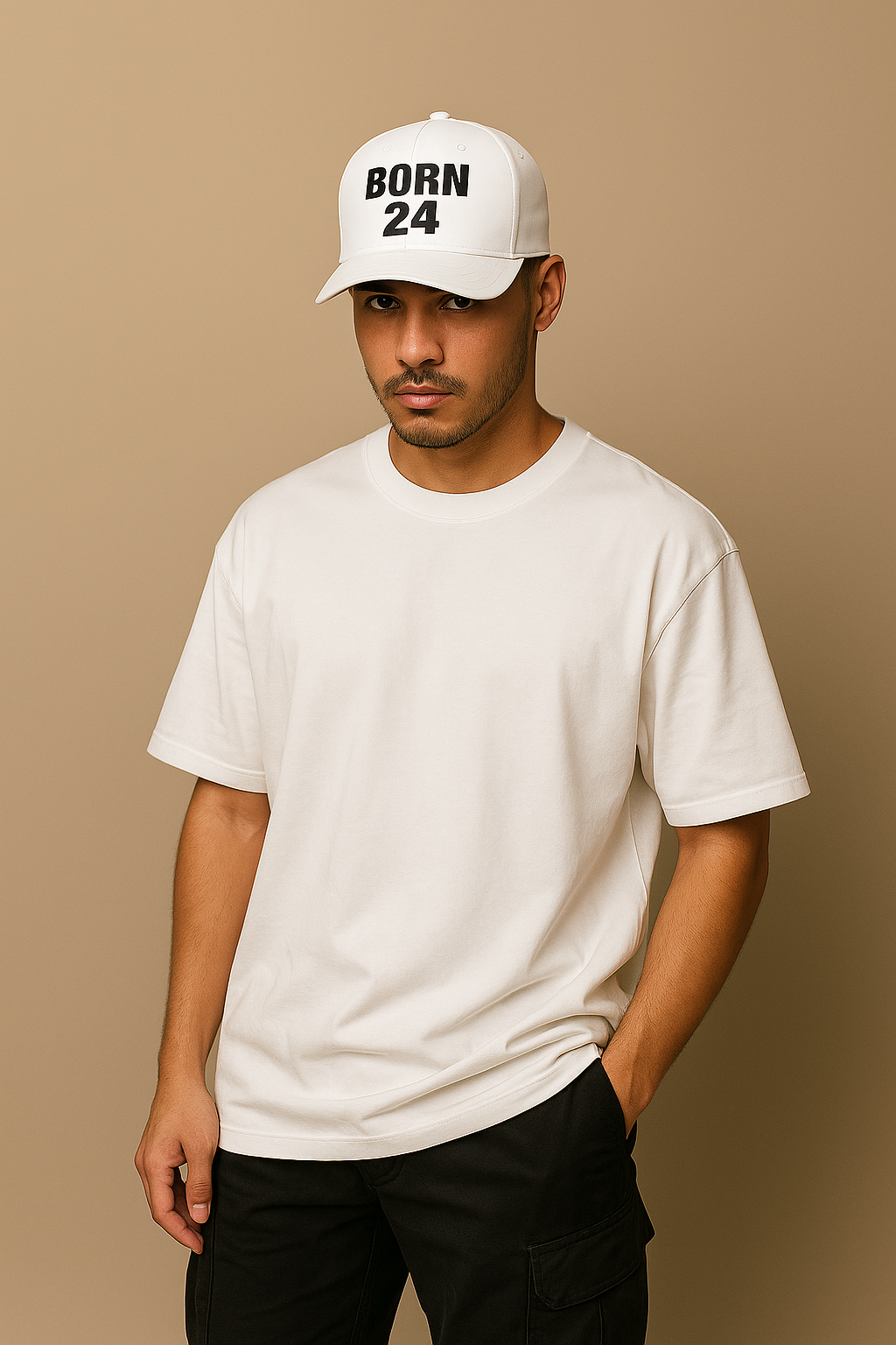 Man wearing a white t-shirt and cap with 'BORN 24' text on a beige background