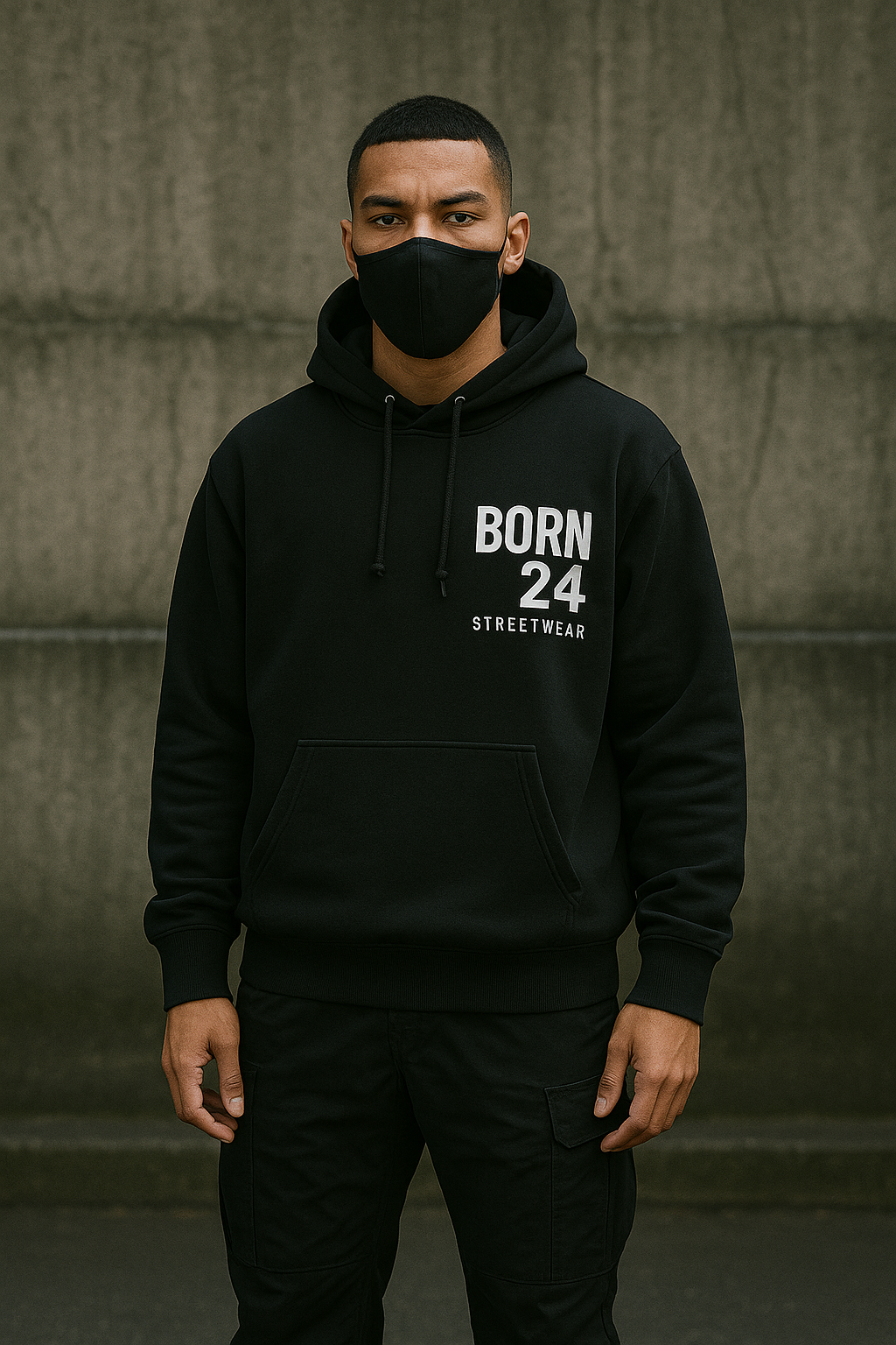 Person wearing a black hoodie with 'BORN 24 STREET WEAR' text, standing against a textured wall.