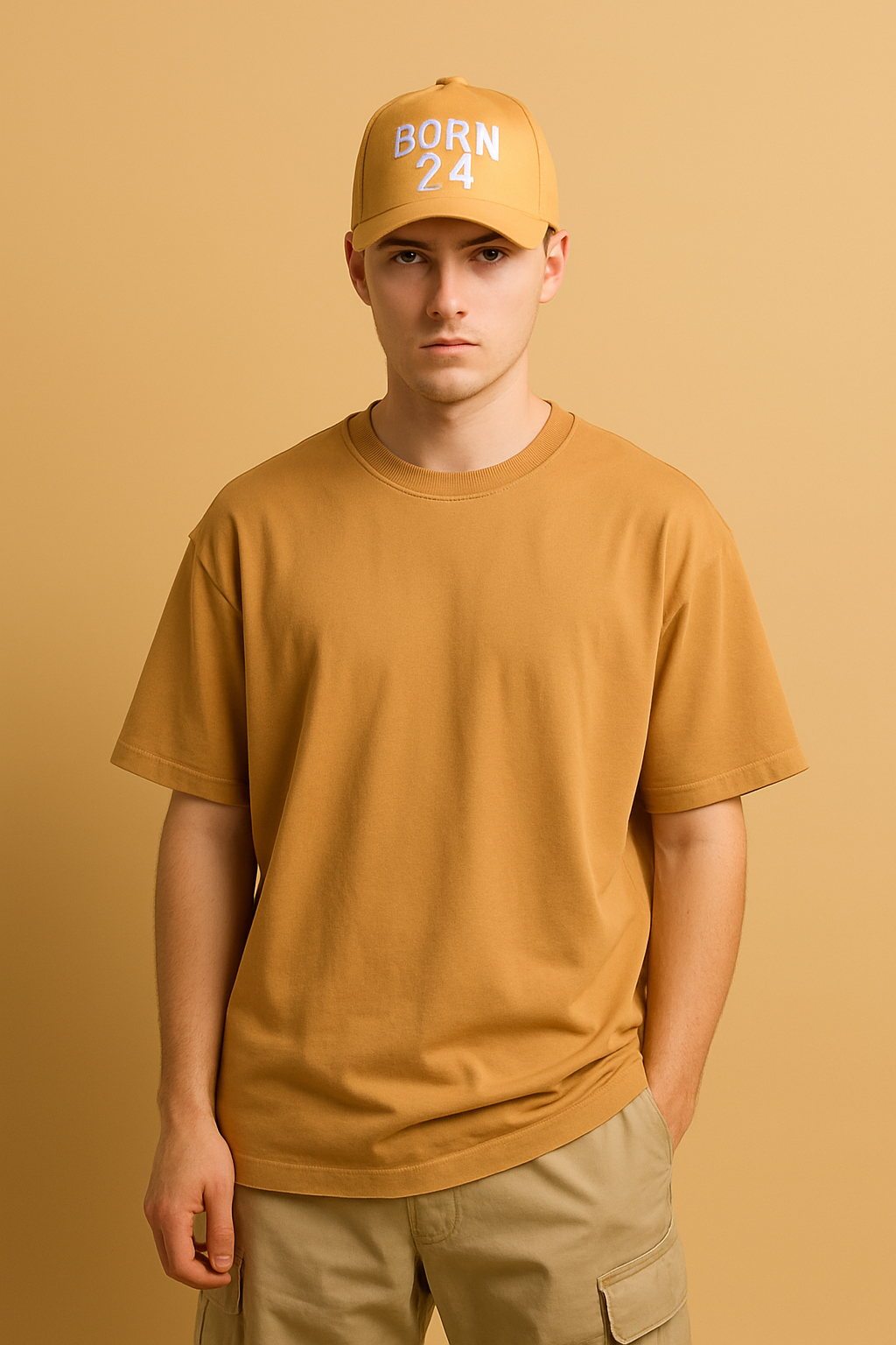 Person wearing a mustard yellow t-shirt and cap against a beige background