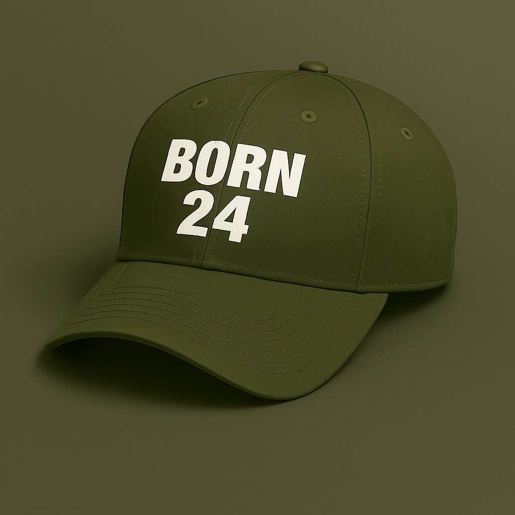 Green cap with 'BORN 24' text on a dark green background