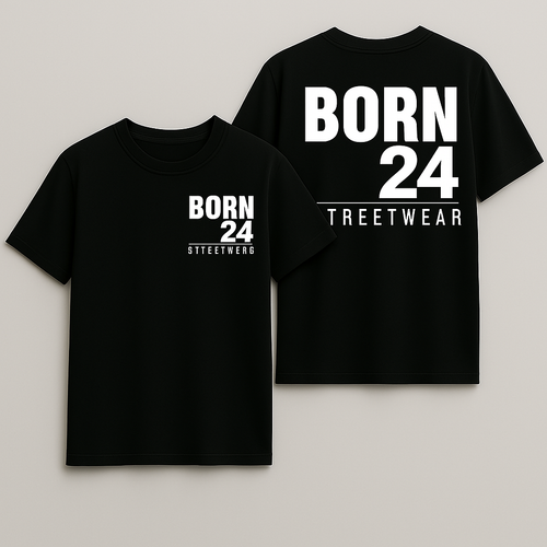 Black t-shirt with 'BORN 24' text on a plain background