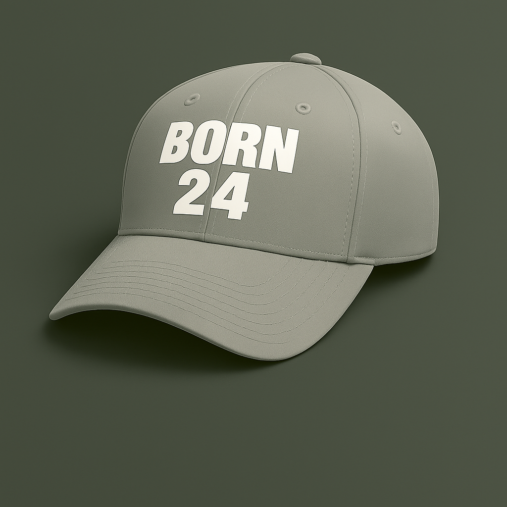 Gray cap with 'BORN 24' text on a dark green background