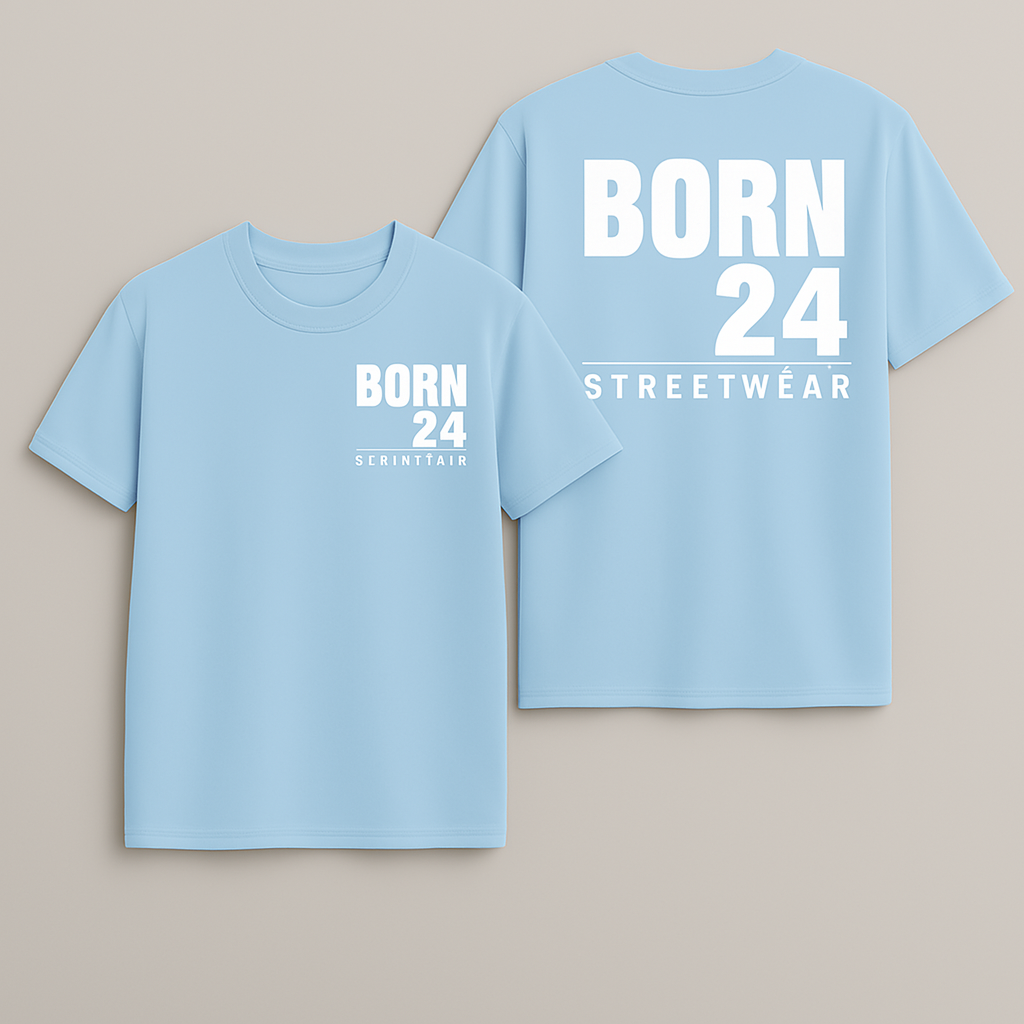 Light blue t-shirt with 'BORN 24' text on a beige background