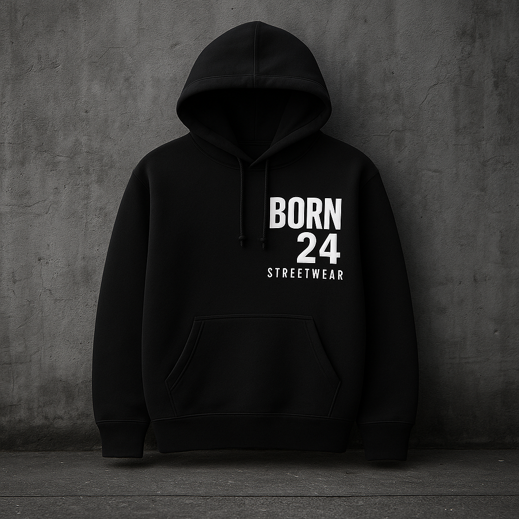Black hoodie with 'BORN 24 STREETWEAR' text on a gray background