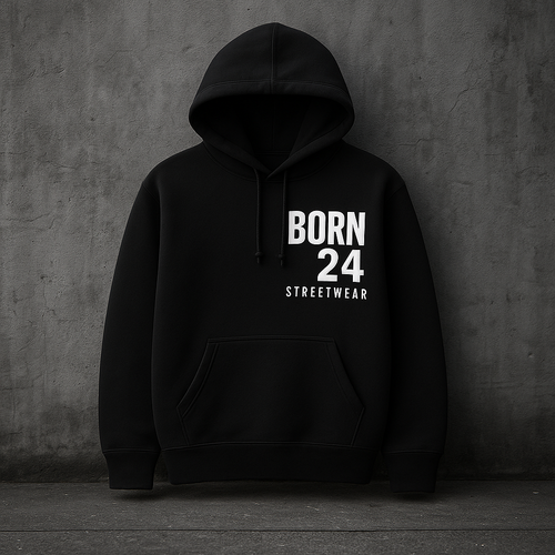 Black hoodie with 'BORN 24 STREETWEAR' text on a gray background