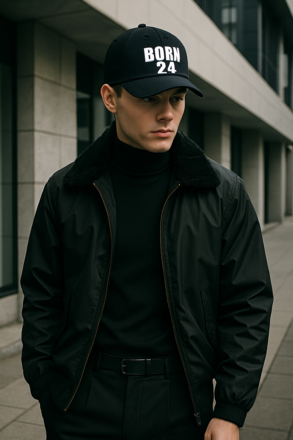 Man wearing a black cap with 'BORN 24' text, black jacket, and black pants in an urban setting.